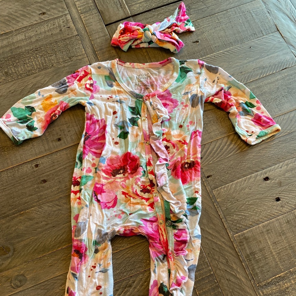 Posh Peanut 18-24 months snaps romper with headband Fuschia Wild Flower GUC 🐶🚭